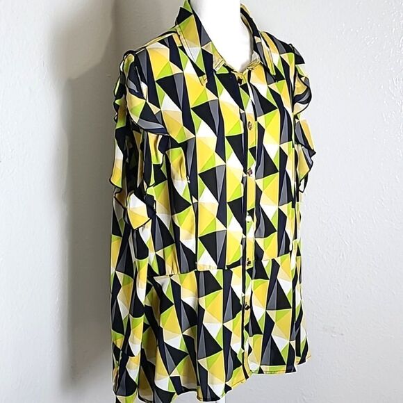 Ashley Stewart Colorful Cold-Shoulder Peplum Top, Buttondown, Size 18/20 - Picture 2 of 9